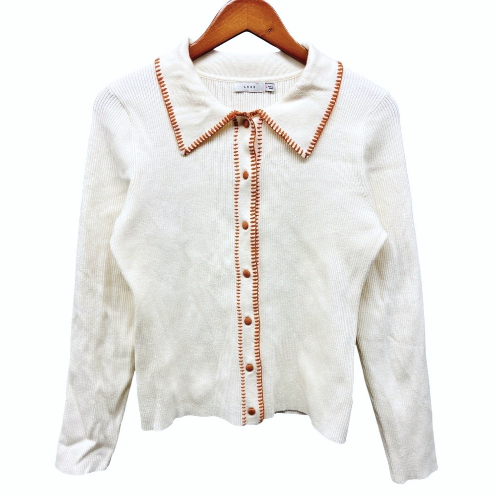 Lush Blanket Stitch Collar Cardigan Sweater Womens L Cream Ribbed Knit Preppy